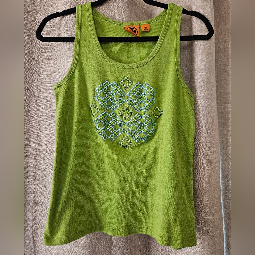 Tori Burch Green Tank Top With Bejeweled Tori Burch Logo